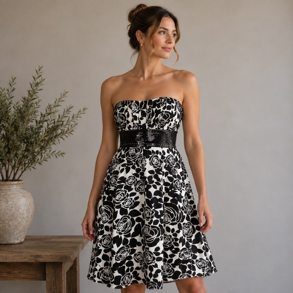 White House Black Market Black White Floral Silk Strapless Dress 6